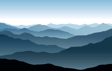Wall Mural - vector panoramic landscape with blue misty silhouettes of mountains and clear sky