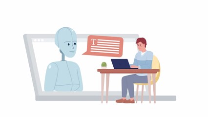 Fototapete - Animated using AI content generator. Blogger applying artificial intelligence. 2D cartoon flat character 4K video footage on white with alpha channel transparency. Concept animation for web design