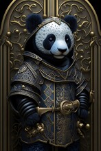 A Panda Wearing A Shield. Cute Stylish And Cool Animal Panda Knight Of The Middle Ages: Armor, Castle, Sword, And Chivalry In A Colorful And Adorable Illustration 