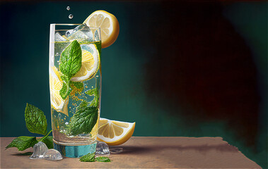 Wall Mural - Full glass of sparkling fresh water with lemon and mint on dark background, generative AI content, copy space, banner