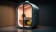 Futuristic empty office pod capsule room for concentrate work in silence, online negotiation in futuristic self contained room in open space office, focus task work with issues, generative AI