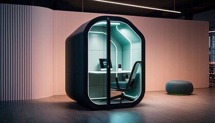 Wall Mural - Futuristic empty office pod capsule room for concentrate work in silence, online negotiation in futuristic self contained room in open space office, focus task work with issues, generative AI