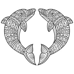 Wall Mural - hand drawn of twin dolphin in zentangle style