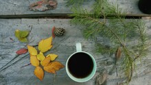 Coffee In A Green Glass On A Forest Table Among Pine Branches And Yellow Leaves. Coffee Drinks Concept. Beautiful Autumn Mood On A Sunny Day. View From Above