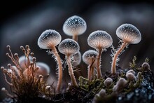 Shetland, Scotland, Tiny Moorland Fungus Mushrooms, Macro Photography. Generative AI