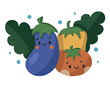 Hand drawn cartoon illustration of eggplant and a tomato cute vegetables