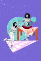 Poster - Vertical collage image of two black white colors mini girls unbelievable big eyeball table plate isolated on painted purple background