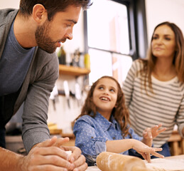 Poster - Am I doing ok dad. a happy family of three baking together in the kitchen.