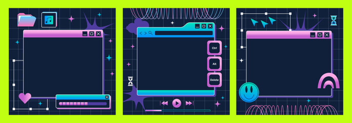 Poster - The screen of an old retro PC in the y2k style. Retro wave and vaporwave background. Bright vintage computer interface