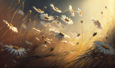 Wall Mural - a painting of a field of daisies with the sun shining through the clouds. generative ai