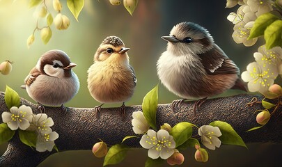 Sticker -  three birds sitting on a branch of a tree with white flowers.  generative ai