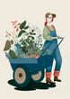 A girl in overalls with a garden cart, illustration, created with Generative AI technology.
