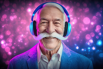 grandpa listens to music. cool grandfather wearing headphones listening music. generative ai. foreve