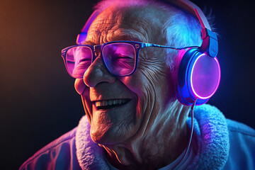 grandpa listens to music. cool grandfather wearing headphones listening music. generative ai. foreve