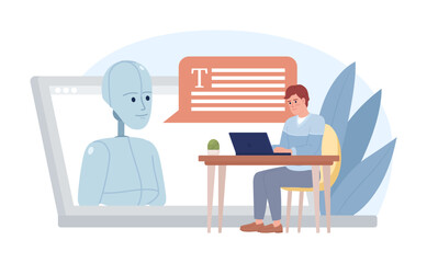 Poster - AI text generator flat concept vector spot illustration. Editable 2D cartoon characters on white for web design. Generating content with artificial intelligence creative idea for website, mobile app
