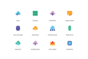 Aufkleber - Cloud computing concept of web icons set in color flat design. Pack of saas, hosting, protection, page speed, storage, download, infrastructure, flash drive and other. Vector pictograms for mobile app