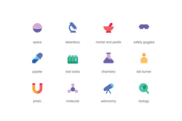 science concept of web icons set in color flat design. pack of space, laboratory, mortar and pestle,