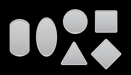 Poster - Steel button or badge of different geometric shapes with frames vector illustration set. Silver oval, square, circle, triangle and rectangle isolated on black background