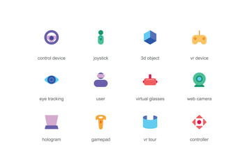 Virtual reality concept of web icons set in color flat design. Pack of control device, joystick, 3d object, eye tracking, user, hologram, gamepad, vr tour and other. Vector pictograms for mobile app