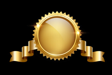 Poster - gold circle frame and ribbon with shine and sparkle light effect vector illustration. realistic 3d g