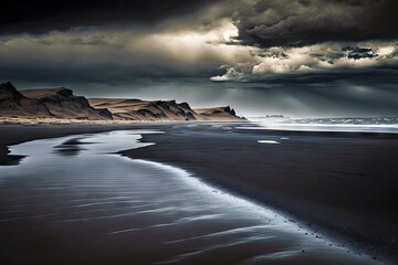 Wall Mural - dark gray landscape of deserted sandy shore of iceland beach, created with generative ai