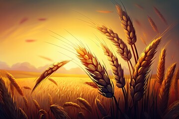 Poster - Ears of wheat or rye growing in the field at sunset. field of rye during the harvest period in an agricultural field. Background of ripening ears of wheat field. Rich harvest Concept. Label art design