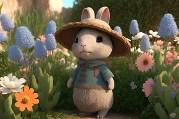 Wall Mural - Cute Cartoon Story Book Bunny Rabbit Character in a Garden Wearing a Hat (Generative AI)