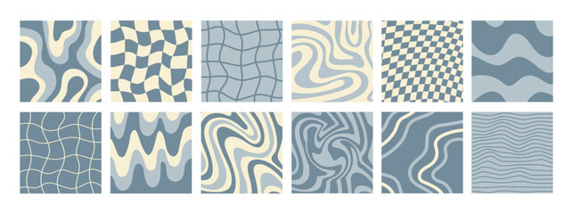 Wall Mural - Big set of monochrome square backgrounds in style retro 70s, 80s. Groovy hippie abstract psychedelic design. Vector illustration. Blue and beige colors