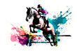 Race horse with jockey on watercolor splatter background. Neural network AI generated art