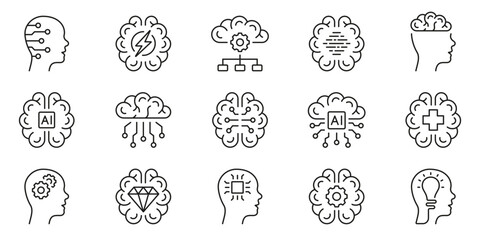 Poster - Human Brain AI Concept Black Line Icon Set. Human Mind, Brainstorm, Artificial Intelligence, Stress Symbol Collection on White Background. Editable Stroke. Isolated Vector Illustration