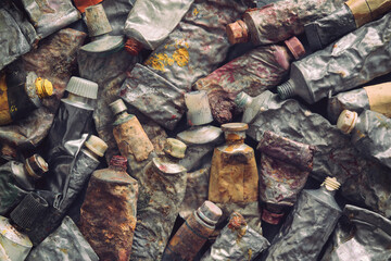 Poster - Old paint tubes. Closeup of vintage used tubes of professional paints in different colors.