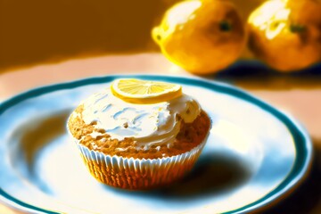 muffins with cream and cream homemade lemon cake on plate, created with generative ai