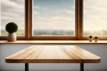 Wall Mural - Empty wood table top with blur room interior with window background. Created with Generative AI Technology