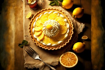 yellow citrus lemon cake tart with cream on table, created with generative ai