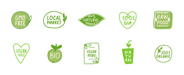 Leinwandbilder - Non GMO labels. GMO free icons. Eco, vegan, bio hand drawn tag. Organic cosmetic. Healthy food concept. Beauty product package. Sustainable life. Vector illustration
