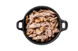Slow shredded  puilled pork meat in a pan with butcher knife.  Isolated, transparent background.