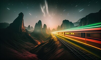 Wall Mural - futuristic train is moving along mountain street with long exposures of the lights on the train and the building behind the train. the futuristic transportation system, high-speed train.Generative Ai