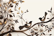 Wallpaper Birds And Flowers Long Branches White Background