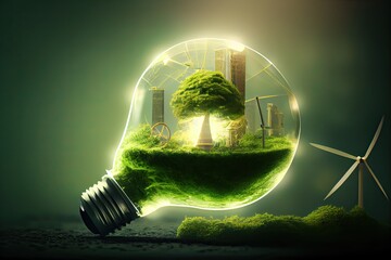 Sticker - Environmental protection, renewable, sustainable energy sources. The green world map is on a light bulb that represents green energy Renewable energy that is important to the world. Generative Ai