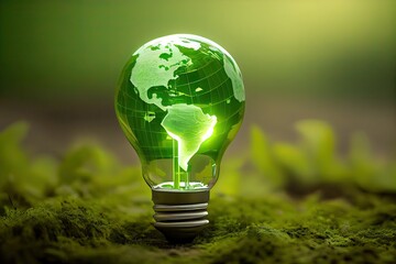 Sticker - Environmental protection, renewable, sustainable energy sources. The green world map is on a light bulb that represents green energy Renewable energy that is important to the world. Generative Ai