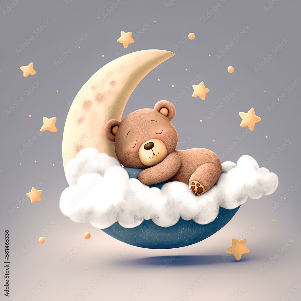 Cute baby bear sleeping on crescent moon with clouds and stars ...