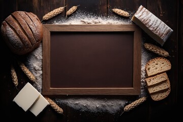 Poster - Background of copy space with a bread border on dark wood. Wheat flour is strewn over this still life composition of brown and white whole grain bread. Concept for a bakery, kitchen, and grocery store