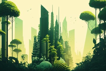 Wall Mural - amazing eco futuristic urban landscape with plenty of greenery, skyscrapers, parks, and other artifi