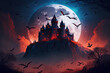 Aesthetic fantasy castle in forest at moonlit night, bats and foggy environment, digital illustration artwork.