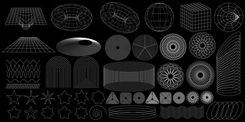 Poster - Modern minimalistic aesthetic linear frames. Retro stars, starburst icons. Minimalist geometric elements, abstract bauhaus on black background. Vector Trendy Icons EPS 10