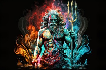 An illustration of Poseidon, the Greek god of the seas, or Neptune for the Romans, with the trident and the crown in colorful flames. Generative ai