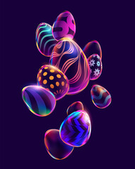 Composition of 3D Easter eggs. Holiday background.