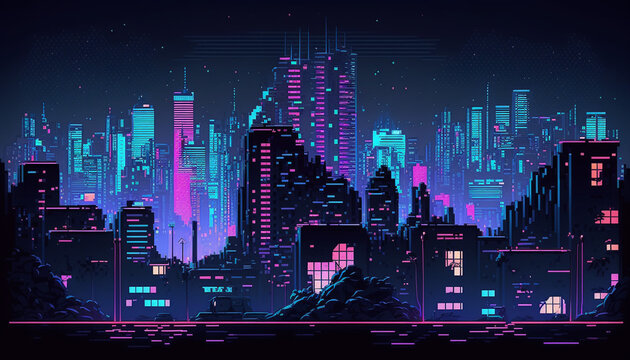 nighttime in a cyberpunk neon city. scene of a futuristic city in pixel art fashion. 1980s wall deco