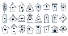 Big Set Of Black And White Birdhouse Icons Isolated On White Background. Birdhouse, Bird Feeder Of Various Shapes. Crafts Made Of Wood And Nails. Bird Day, Nature Protection. Vector Illustration