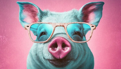 Poster - Closeup portrait of blue pig with glasses isolated on pink background. Generative AI.